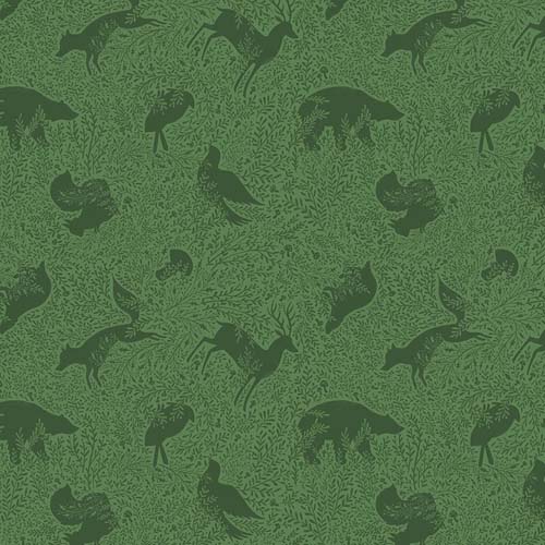 Enchanted Forest - Wild Green - Green tone-on-tone forest animals in forest