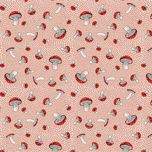 Enchanted Forest - Toadstool -Pink - tossed red toadstools on pink