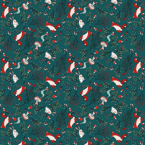 Enchanted Forest - Forest Floor - Teal - foxes, bunnies & mushrooms on teal