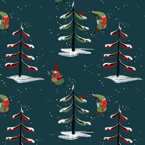 Enchanted Forest - Into the Forest - Dark Teal - snowy trees & gnomes on teal