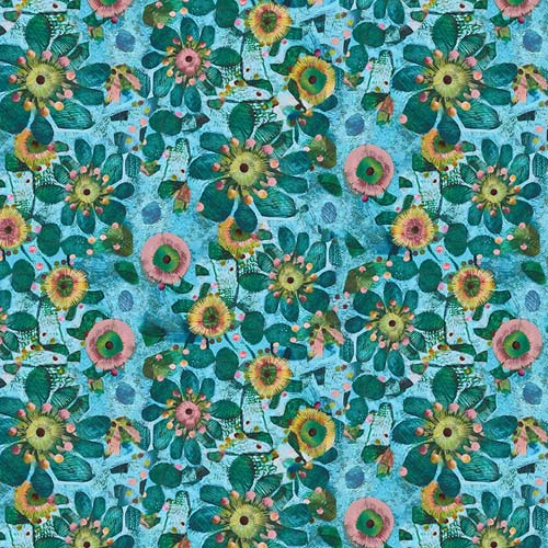 L'Heure Bleue - Fleur - Turquoise - teal & pink floral on turquoise