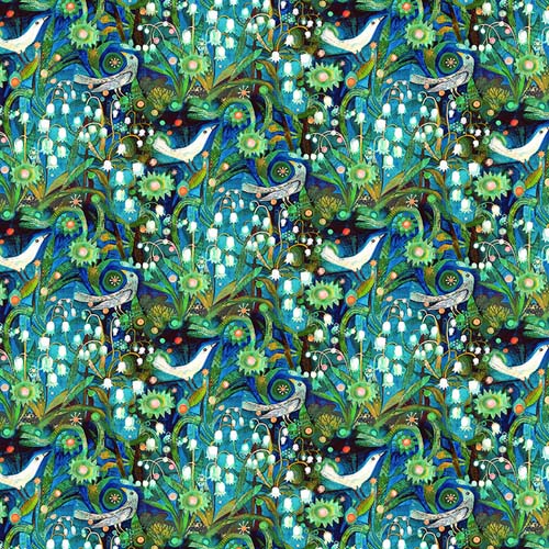 L'Heure Bleue - Lily of the Valley - Midnight - birds & flowers-teals & greens