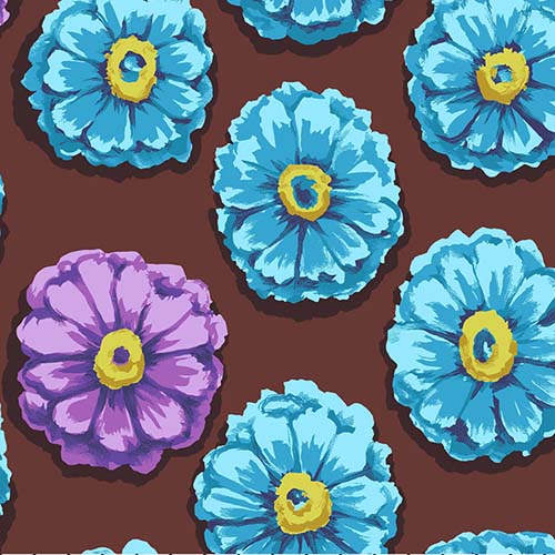 Kaffe 85 & Fabulous - Zinnia - Aqua - aqua & purple flowers on brown