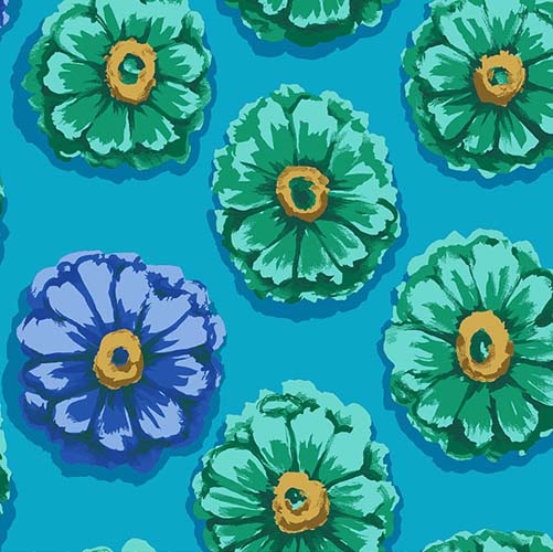 Kaffe 85 & Fabulous - Zinnia - Blue - Blue & teal flowers on blue