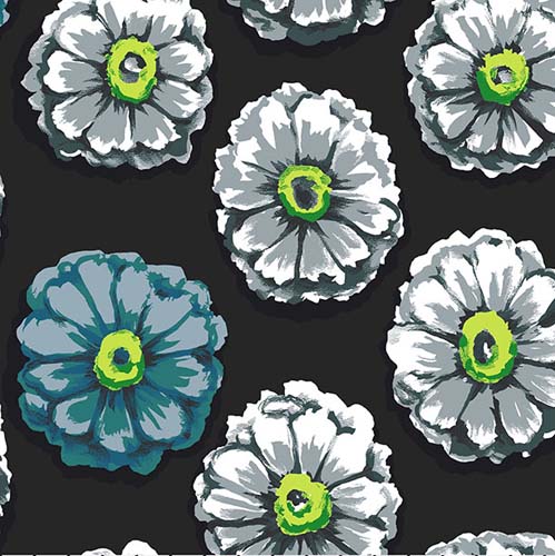 Kaffe 85 & Fabulous - Zinnia - Contrast- grey& lime green flowers on black