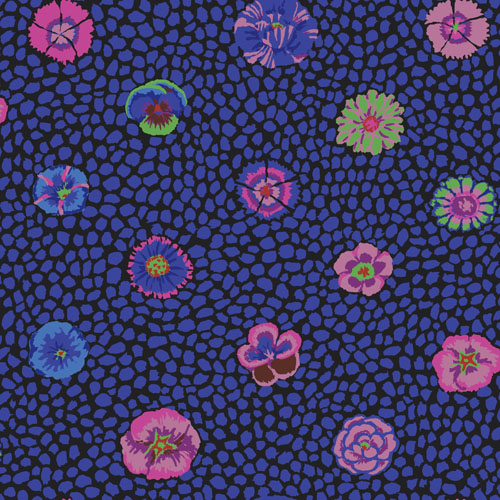 Guinea Flower - Black, multi colored flowers, purple pebbles on black Kaffe Coll