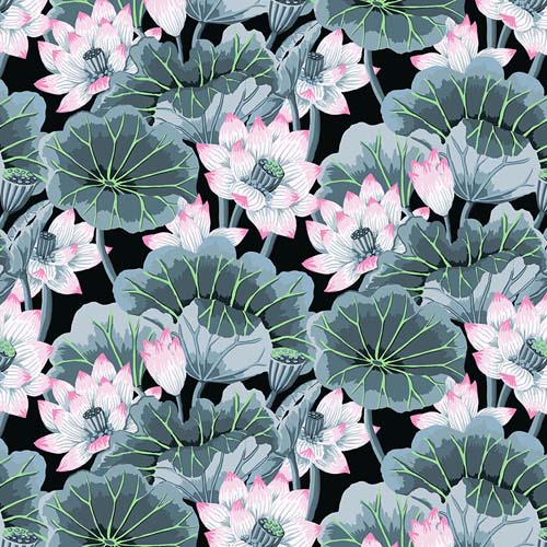 Lake Blossom - Contrast - August 2023- pink & gray water lilies- Kaffe Fassett