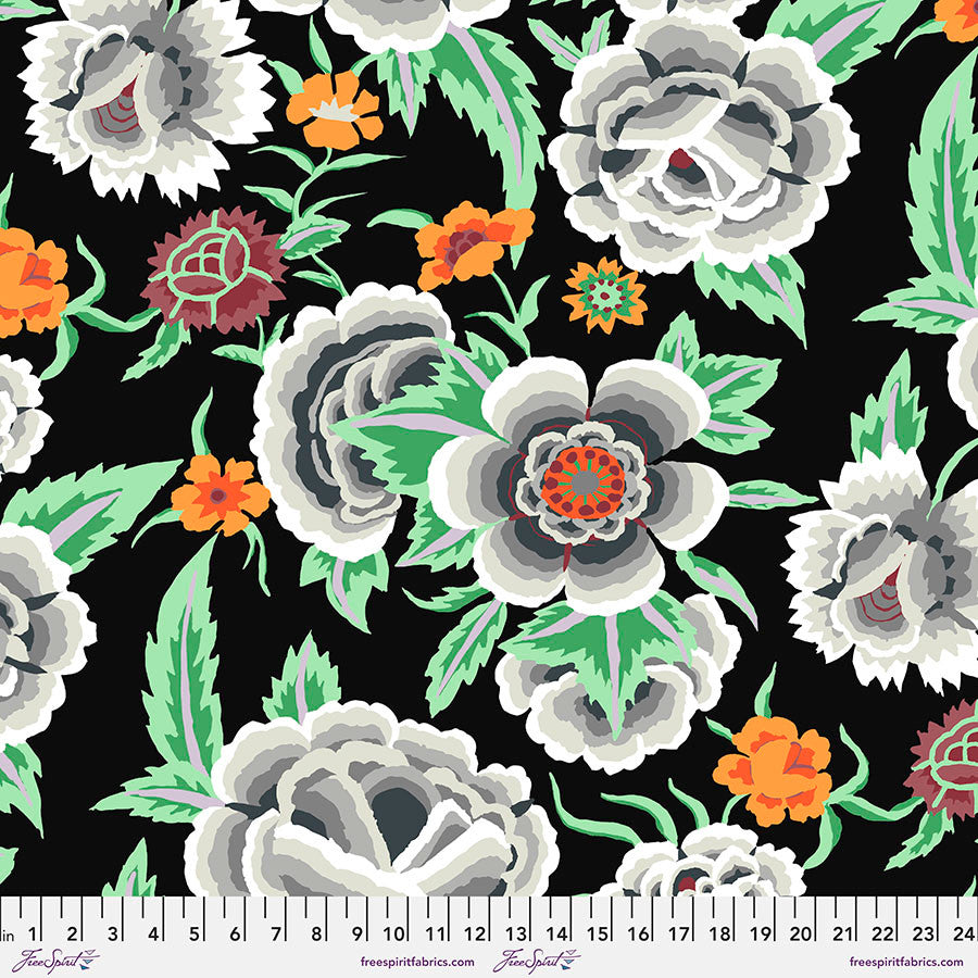 Embroidered Shawl - Black - Stash - Gray & orange flowers- Kaffe Fassett