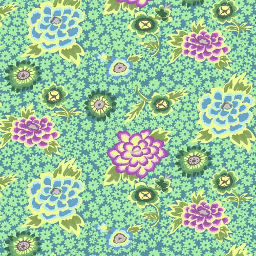 Charlotte - Teal - cool color flowers on teal - Feb. 2022 - Kaffe Fassett coll.