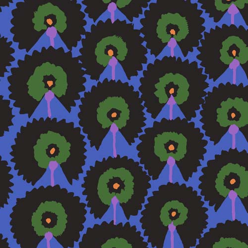 Regal Fans - Dark - plum and green fans on blue - Feb.2022 - Kaffe Fassett