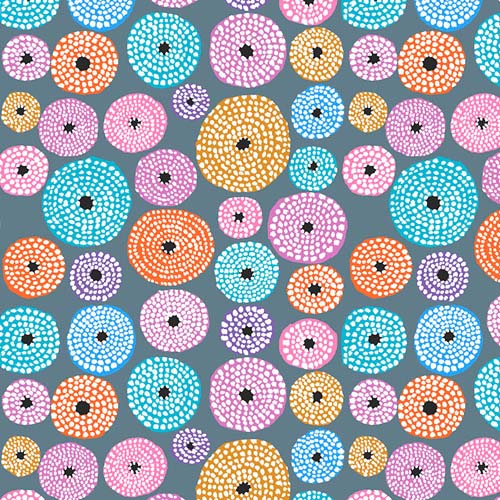 Disks - February 2023 - Grey - multi colored circles on grey - Kaffe