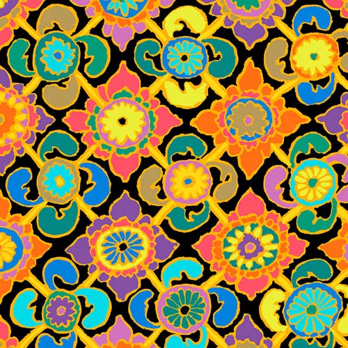 Tudor - February 2023 - Multi - brightly colored flowers on black -Kaffe