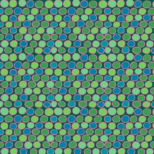 Kaffe Collective Feb. 2025 - Penny-wise - Green - rows of green & teal circles