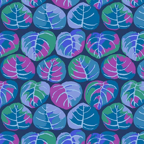 Kaffe Collective Feb. 2025 - Palm Leaves - Blue - rows of teal & blue leaves