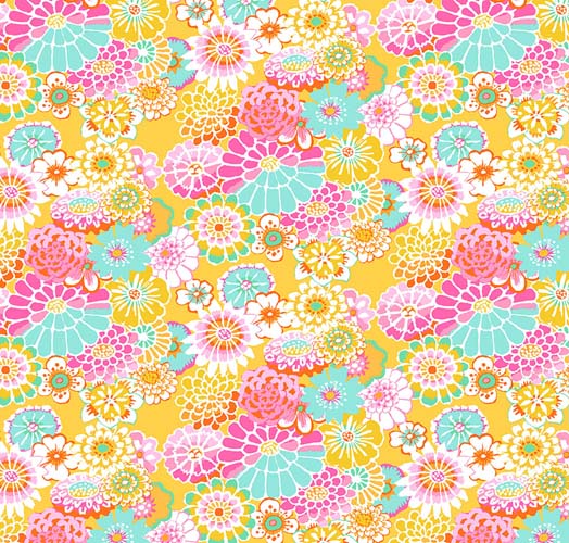 Asian Circles - Yellow - August 2023- Orange flowers on yellow- Kaffe Fassett