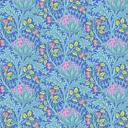 Kaffe x Morris & Co. - Artichoke - Blue - aqua, green & pink floral on blue