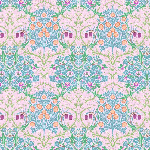 Kaffe x Morris & Co. - Blackthorn - Pink - orange, teaL & purple floral on pink