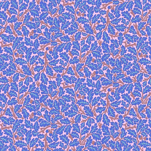 Kaffe x Morris & Co. - Oak - Blue - blue & lavender leaves on pink