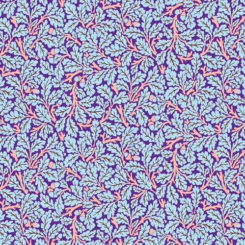 Kaffe x Morris & Co. - Oak - Purple - aqua & coral leaves on purple
