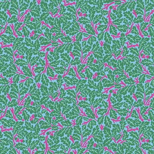 Kaffe x Morris & Co. - Oak - Turquoise - green & pink leaves on blue