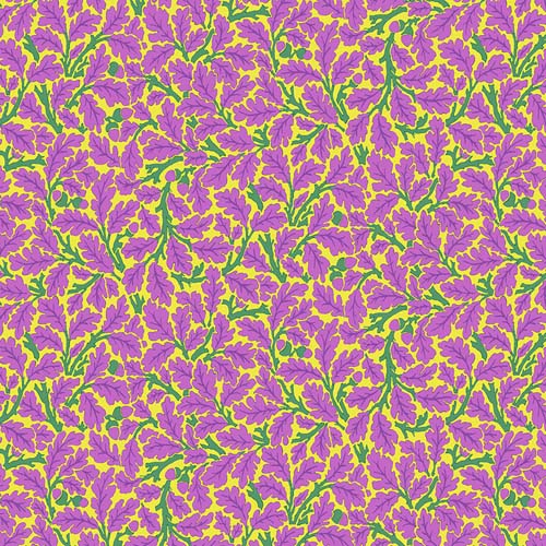 Kaffe x Morris & Co. - Oak - Violet- purple & green leaves on yellow