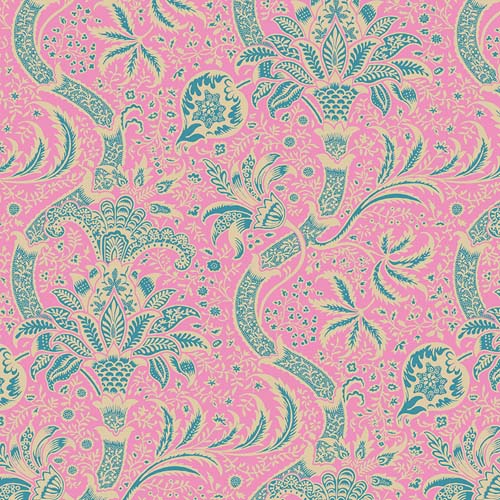Kaffe x Morris & Co. - Indian Opera - teal, beige floral on pink