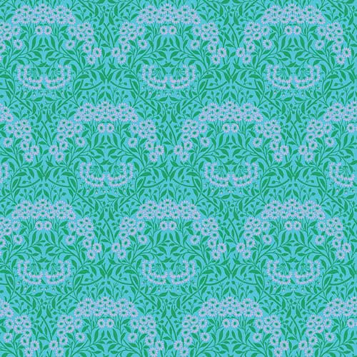 Kaffe x Morris & Co. - Michaelmas Daisy - Aqua - pink & green daisies on aqua