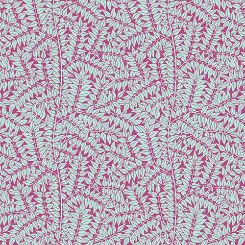 Kaffe x Morris & Co. - Branches - Magenta- leafy aqua branches on dk pink