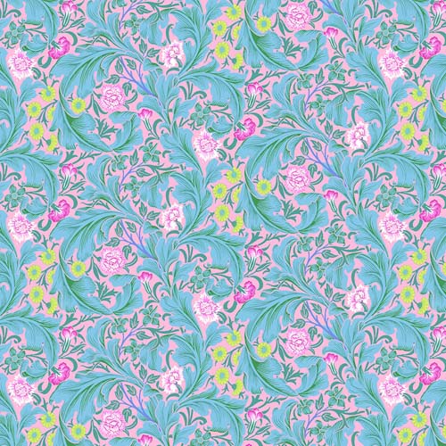 Kaffe x Morris & Co. - Leicester - Aqua - aqua & pink flourish on pink