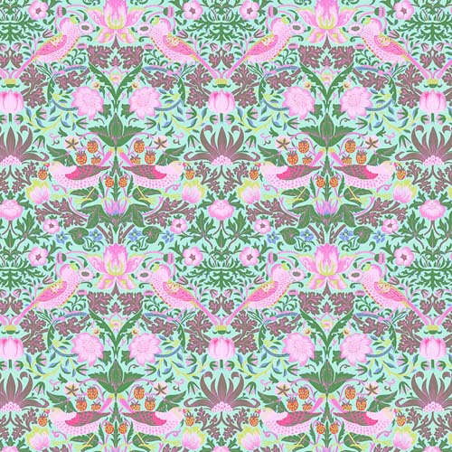 Kaffe x Morris & Co. - Strawberry Thief - Aqua- pink & green birds on aqua