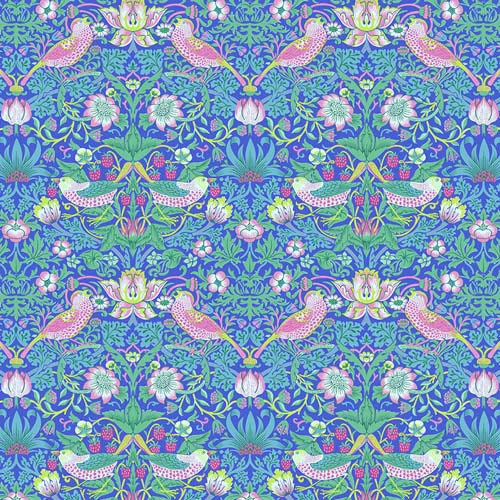 Kaffe x Morris & Co. - Strawberry Thief - Blue - pink & green birds on blue