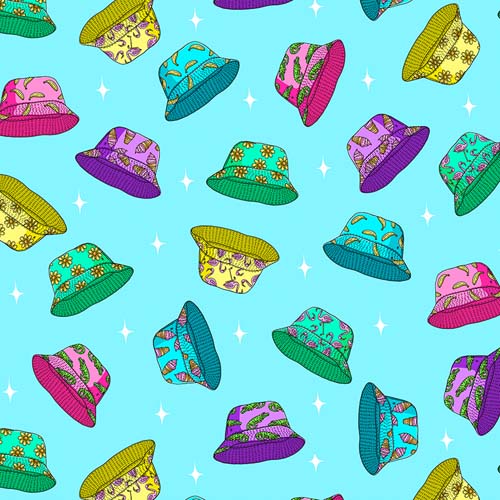 MulgaKongz - Bucket Hat Bonanza - Blue - multicolored bucket hats on lt blue