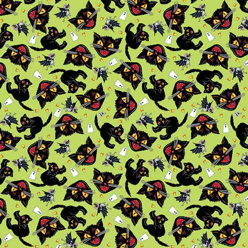 Spooky Cute - Cat and Mouse -Lime - black cats & mice on green -Mary Engelbreit