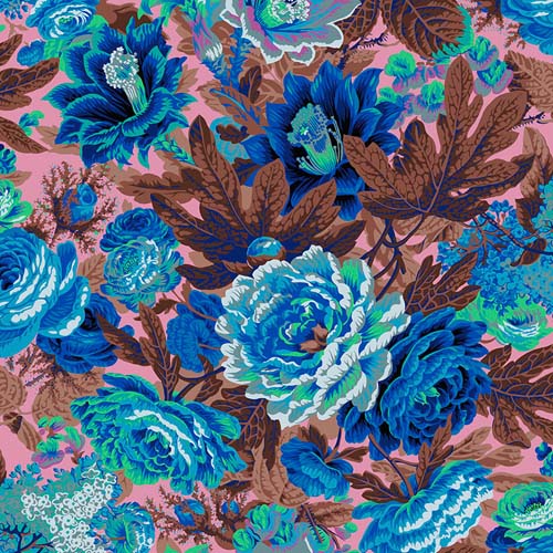Floral Burst - February 2023 - Cool - large blue & green floral on pink - Kaffe