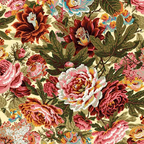 Floral Burst - February 2023 -Natural - large pink&maroon floral on beige-Kaffe