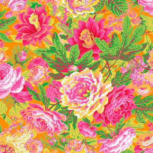 Floral Burst - February 2023 - Yellow- Large pink floral on yellow orange- Kaffe
