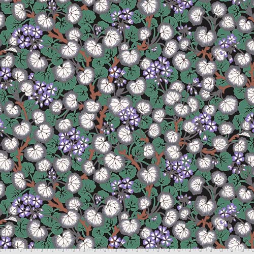 Climbing Geraniums - Black - leaves with flowers - Kaffe Collective - Aug 2021