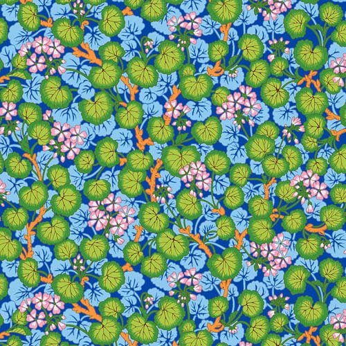 Climbing Geraniums - February 2023- Blue - Pink green flowers on blue - Kaffe Collective