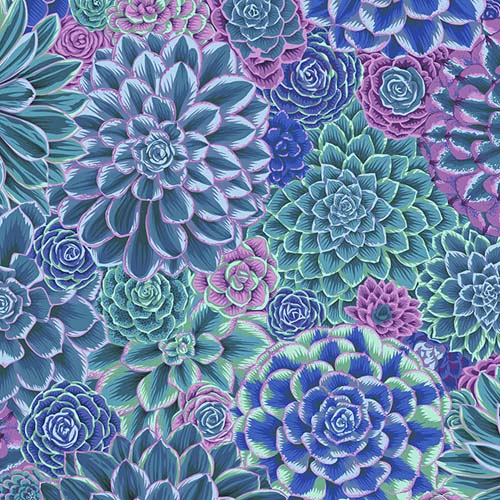 House Leeks - Blue - August 2022 - packed succulents in blues- Kaffe Fassett
