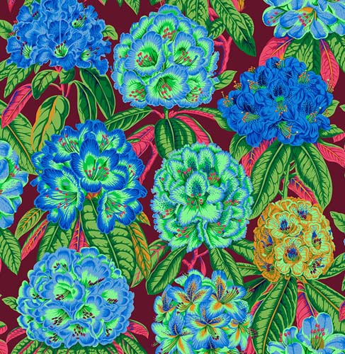 Rhododendrons - Green - August 2023- Blue&green flowers on red-Kaffe Fassett