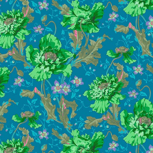 Kaffe Collective - August 2024- Papaver - Green - green poppies on teal