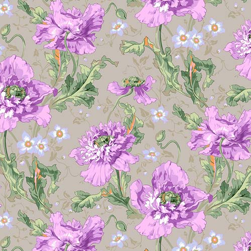 Kaffe Collective - August 2024- Papaver - Grey - purple poppies on grey