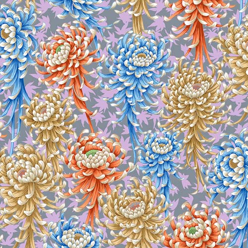 Kaffe Collective - August 2025 - Spider Mums - Pastel - gold, blue & peach flowe