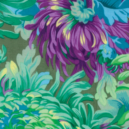 Shaggy - Aqua - Fall 2016 - Aqua, lime green & purple blooms on olive - Kaffe