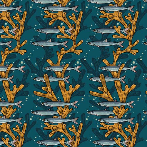 Mariana - Artful Anchovy- Teal - anchovies swimming in seaweed on dk teal