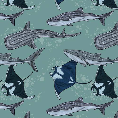 Mariana - Gentle Giants - Aqua -Whales and Rays on dark aqua