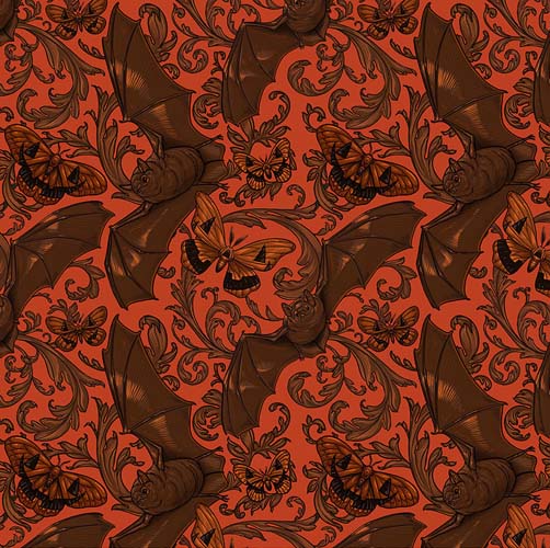 Mystic Moonlight - Bat & Moth- Orange - brown moths on rust -Rachel Hauer
