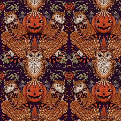 Mystic Moonlight - Wise Owl -Olive - owls& pumpkins on dk olive- Rachel Hauer