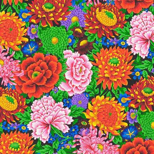 Temple Garden - Peony & Chrysanthemum - Multi -large bright flowers on black