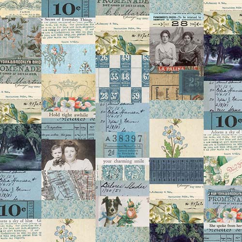 Tim Holtz Palette Blue - Collage - collage of photos, tickets, flowers, etc